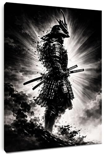 Alptiny Cuadros murales de salón 30 x 40 cm – Samurai lienzo con marco, moderno póster blanco y negro, decoración de pared con y gancho, sin agujeros, impresión HD, resistente a la humedad