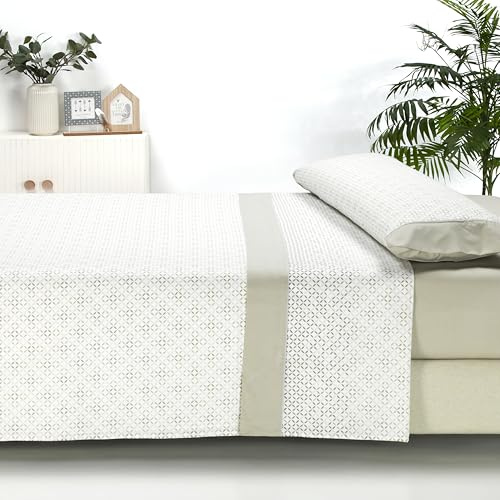 Sábanas 200x200 - Juego de Sábanas 4 Piezas - 100% Microfibra Suave y Transpirable - Sábana Bajera Ajustable, Encimera y 2 Fundas Almohada - Ropa de Cama Estampada (Zuri Beige)