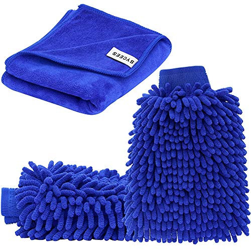 SYCEES Guanti Panno per Lavaggio Auto Kit Pulizia Lucidatura Auto/Impermeabile Super Assorbente Microfibre Pelo Ultrafine/Confezione di un Paio di Guanti e un Panno da Pulizia (navy blue)