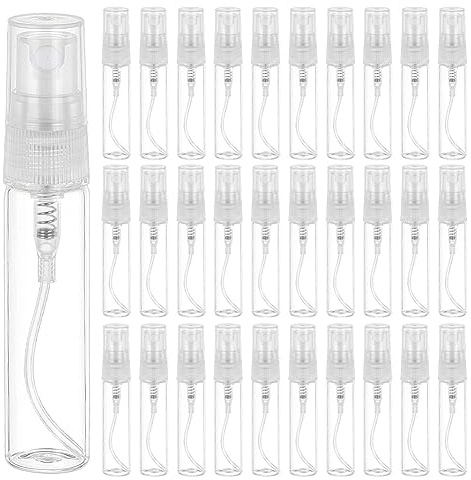 BENECREAT 30PCS 5ml Mini Fine Mist Spray Bottle Transparent Glass Travel Empty Perfume Atomizer Sprayer Refillable Sample Bottle with Plastic Lid for Perfume, Fragrances, Travel Makeup Tool