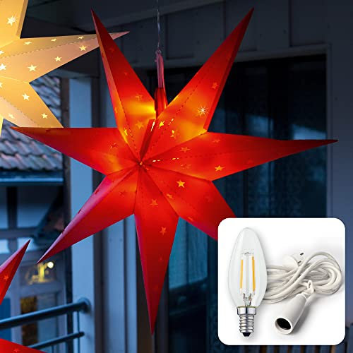 hellum Weihnachtsstern Außen und Innen, Stern Papierstern zum aufhängen mit E14 Lampenfassung, roter Stern Weihnachtsdeko Fenster mit 3m Netzkabel mit Schalter, Weihnachtsbeleuchtung außen, 577778