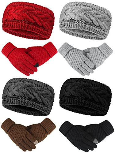 Janmercy 8 Pack Women Winter Headbands and Gloves Sets Ear Warmers Muffs Touchscreen Knit Fuzzy Fleece Lined Elastic Gloves