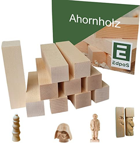 Edpas Madera para Tallar de Arce - Paquete de 10 Bloques de Madera + Plantilla para Tallar (10x2,5x2,5cm) - Prácticos Bloques de Madera para Tornear - Madera para Tallar para Niños