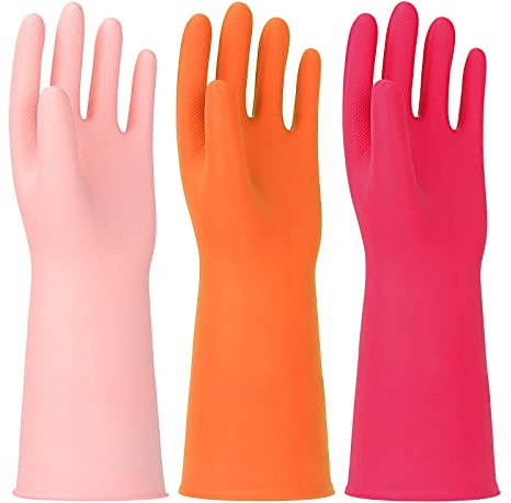 HINSOCHA 3 Pairs Rubber Cleaning Gloves Latex Free Dishwashing Gloves - 13 Reusable Nitrile Gloves Large, Orange+Pink+Red