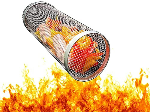 Rolling Grillkorb Zylindrischer Grillkorb Edelstahl Rollender Grillkorb mit Gabel,Grill Rack Grillkochzubehör Für Außengrill Gemüse, Fisch, Fleisch, Grillen, Camping-Essentials
