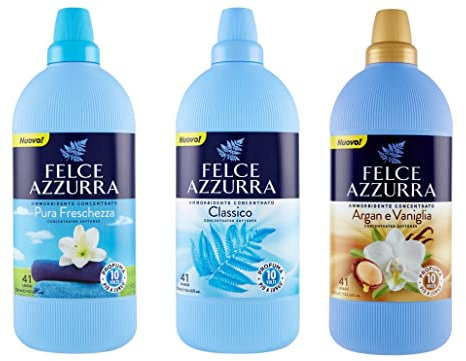 Testpaket Felce Azzurra Weichspüler-Konzentrat, Unverwechselbarer Duft, weiche 41 Waschgänge 3x 1025 ml + Italian Gourmet polpa 400g