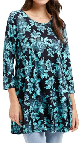 Enmain Tunica Donna Manica Lunga Maglia 3/4 Donna Taglie Forti Maglietta a Maniche Lunghe Blusa Scollo Tondo Floreale Stampata Elegant Blu Navy 4XL