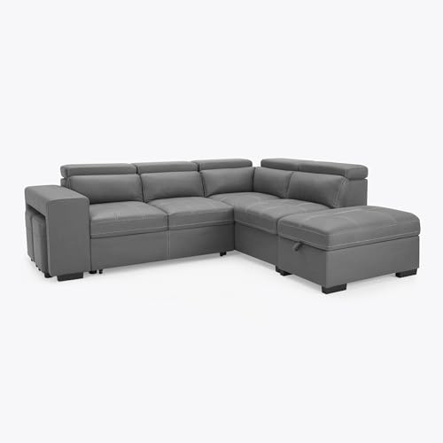 Large L Shaped Corner Sofa with Hidden Storage - Left or Right Hand Facing in Grey Air Leather Upholstered Couch