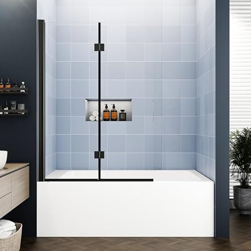 Foskbaths Bathtub Shower Door, Semi-Frameless Bath Tub Shower Door Foldable Hinged Bathtub Glass Door 42 W x 55 H Bathtub Door 1/4 Tempered Glass with Explosion-Proof Film Matte Black