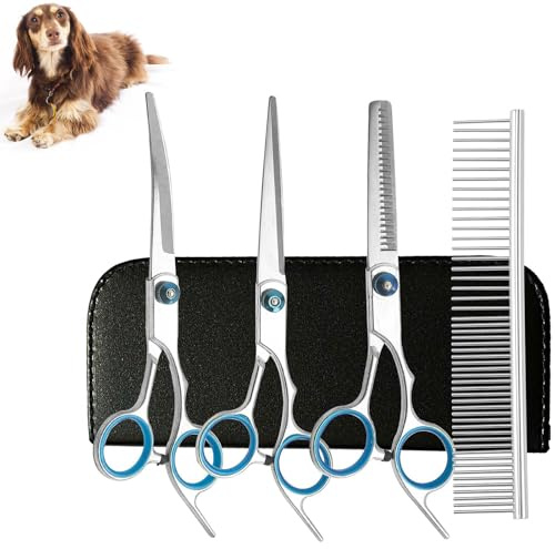 4 Kit de Toilettage pour Chien Kit Ciseaux de Toilettage pour Chat Animaux Ciseaux Droits Courbés Arête de Poisson Peigne Ciseaux Toilettage pour Animaux Acier Inoxydable