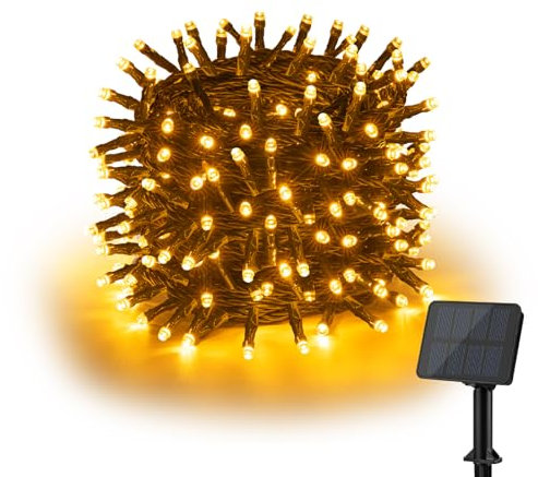 Isisyu Solar Lichterkette Aussen 12M 120LED Lichterkette Außen Solar 8 Modi IP65 Wasserdicht Warmweiß Solarlichterkette Außen Wetterfest für Balkon, Garten, Hochzeiten, Terrasse, Weihnachten, Partys