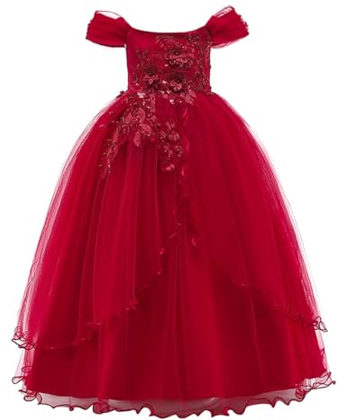 Générique Robe de Princesse pour Fille Robe de soirée élégante à épaules dénudées Tenue de fête Longue pour Enfants vêtement de Bal (Red, 6-7 Years)
