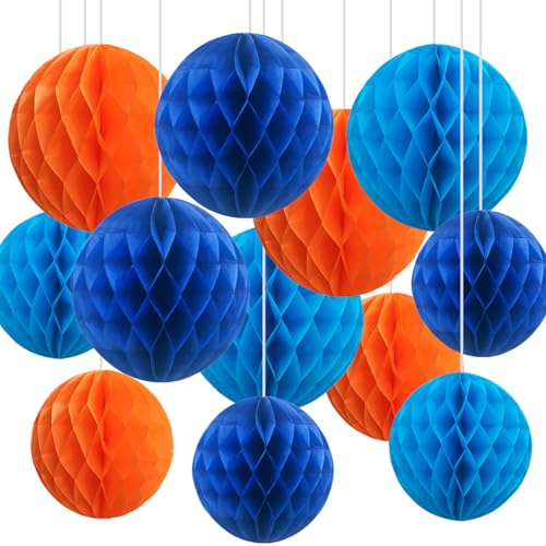 CC wonderland zone 12pcs Blue and Orange Paper Honeycomb Balls,6 & 10 Hanging Tissue Pom poms for Birthday Party Decoration