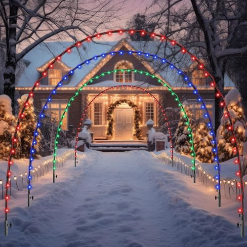 6 Pack 10 Ft Christmas Light Arch Outdoor LED String Lights Archway Decor Reusable Xmas Arch Pathway Markers for Holiday Driveway Doorway Valentine's Day Garden Lawn Yard Decor(Red Green and Blue)