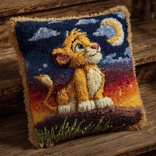 AxiangziK Cartoon Style Animals DIY Latch Hook Kits Pillow,A Little Lion Looking up at the Starry Sky,Handmade Cushion Crochet Yarn Embroidery Hook Latch Kit Pillowcase Christmas Decoration,17x17in