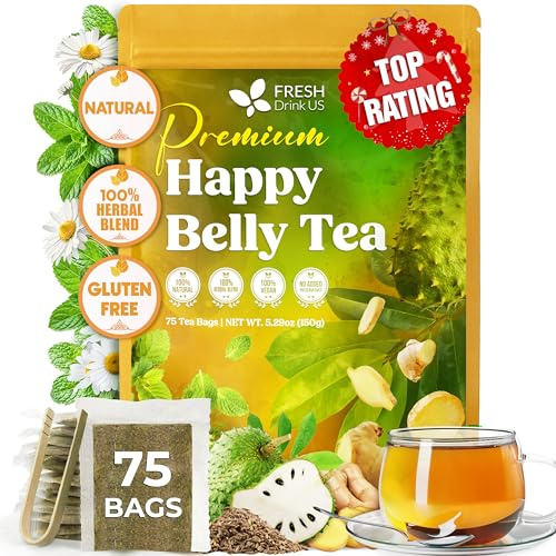 FreshDrinkUS, Premium Happy Belly Tea | 75 Tea Bags | Herbal Tea Blend with Soursop Leaves, Ginger, Fennel Seed, Lemon Balm, Cinnamon, Papaya Leaves & Rose Hip – Naturally Caffeine Free. Sugar Free