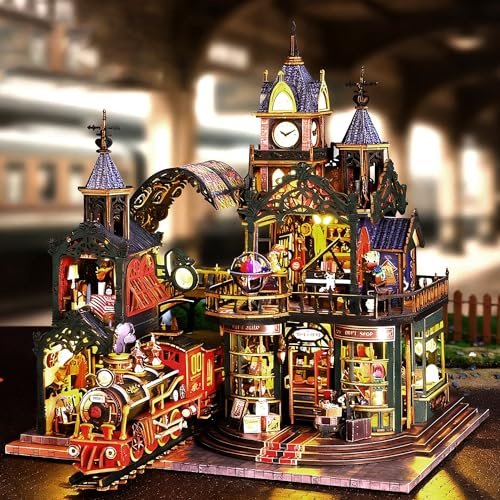 Kit de casa en miniatura para adultos, mini kit de construcción de casa con tren de vapor, kit en miniatura para adultos, kit de casa de muñecas de madera para cumpleaños, Navidad, ferrocarril, tren