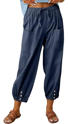 Pantalones Mujer Verano Frescos Ligeros Anchos 7/8 Pantalón Largo Cintura Elástica Cómodos Algodón Pantalones Harem Marina L