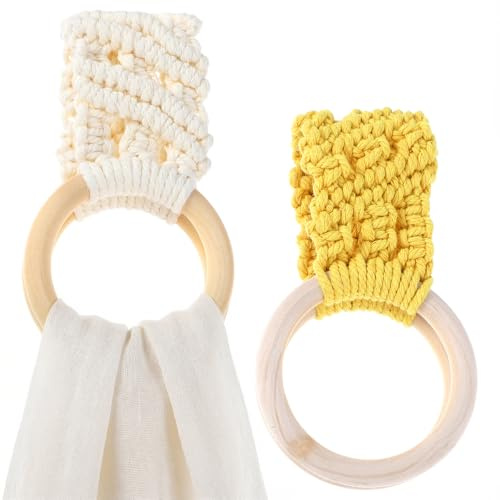 Sorcristy 2 Pcs Kitchen Dish Towel Holder, Boho Crochet Hanging Towels Loop Ring Knit Towels Hanger, Towel Clips for Kitchen, Cabinet, Stove, Oven Handle or Rods (Beige, Ginger Yellow)