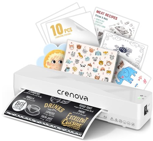 Crenova A4 Laminator Machine, Hot & Cold Laminator with Fast Warm-Up, ABS Anti-Jam, Includes 10 Laminating Pouches, Bubble-Free for Home, Office & School Use (White)