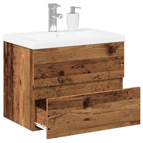NiuBIKeLasI Washbasin Cabinet with Built-In Basin, Antique Wood Look, 60 x 38.5 x 45 cm, Wood Composite, Ceramic, Bathroom Cabinet for Tidy and Storage Space in the Bathroom