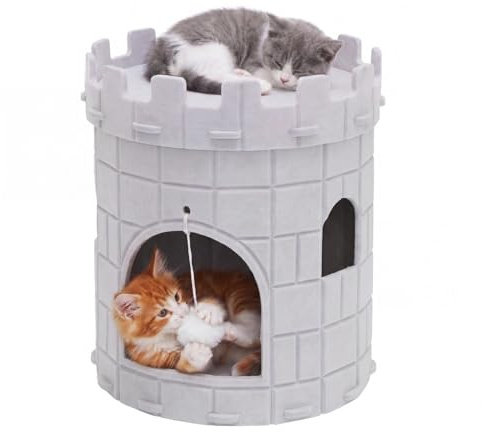 Mellownido Cat Cave for Indoor Cats, Felt Cat Bed Cave Indoor Hideaway for Most Cats up to 22 Lbs, Extra Large Scratch Resistant Castle Condo, Cozy Kitten House with Hanging Ball, Gray