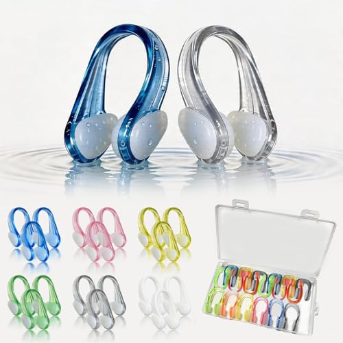 MKEOIEAU 18PCS U-Shape Swimming Nose Clips, Anti-Slip Waterproof Nose Plugs with Soft Silicone Pads for Adults & Kids Age 6+, with Storage Box for Swim Pool Training Diving Water Sports