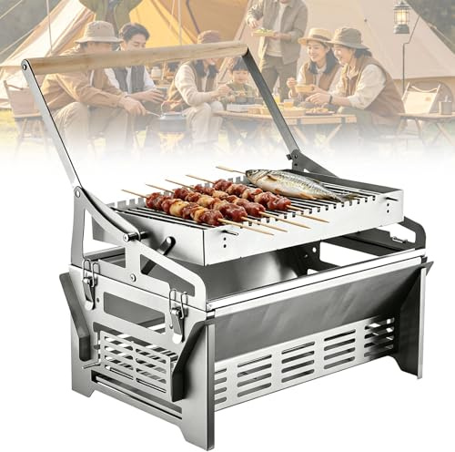Flipgrill för grillning, bärbar kolgrill med fällbar korg | avtagbar bärbar kolgrill, 360° roterande grillkorg, roterande utomhusgrillar