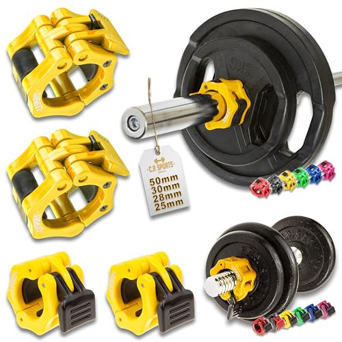 C.P.Sports 1 par de Cierres para Pesas de 25 mm, 30 mm, 50 mm, para Barras de Pesas largas, Cortas, Pesas para Body Pump, collarines para Mancuernas, Cierre de sujeción rápida y Segura- amarillo