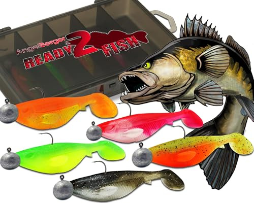 Wild Devil Baits Ready2Fish Action Shad mit Box Gummifisch Set mit Jighaken fertig zum Angeln (Zander / 9,5cm)