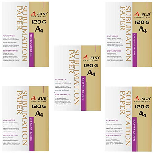A-SUB Papier de sublimation A4, 210x297 mm, 500 feuilles, 120 g/m², compatible avec les imprimantes à sublimation EPSON, SAWGRASS, RICOH, BROTHER
