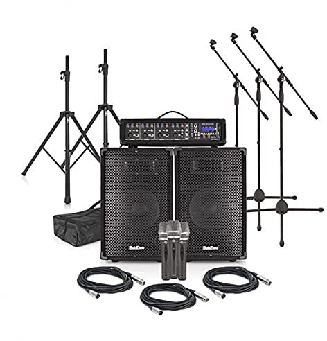 175W 10” Complete Bluetooth PA System with Digital Media Player, Mixer Microphones, Boom Mic Stands
