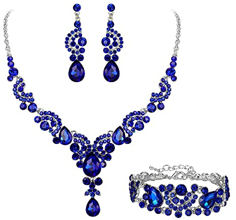 EVER FAITH Conjunto de Joyas de Cristal Art Deco Nupcial Collar de lágrima Floral de Pendientes y Pulsera Tono Azul-Plateado