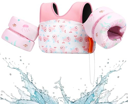 HeySplash Braccioli Gonfiabili, Canottiera per Piscina Giacca di Sicurezza per Piscina, Galleggiante per Nuoto con Motivo Cartone Animato e Due Cinghie, per Bambini da 15-30 KG, Balena Rosa