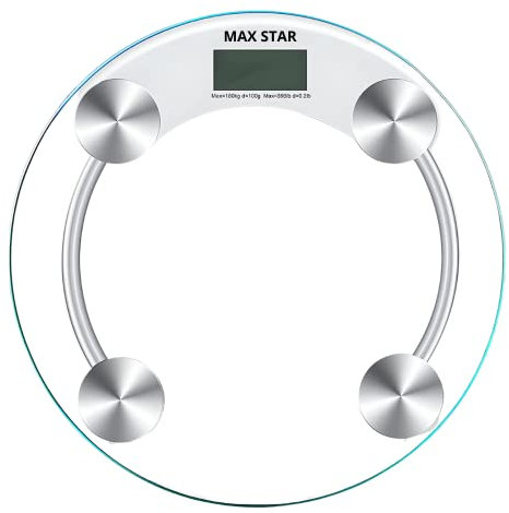 Max Star Bascula Digital de Baño MX-1604 Vidrio Templado Medición de Peso Corporal Alta Precisión Pantalla LCD 2 Opciones de Peso KG/LBS
