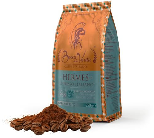 BOCCA DELLA VERITA® Caffe Macinato Sacco da 250g Aroma HERMES Ristretto Caffe Arabica e Robusta 100% Made in Italy Caffè Espresso Tostato Naturalmente e Artigianalmente, Rainforest e UTZ