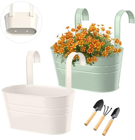 IHONYI Metal Hanging Plant Pots With Double Detachable Hook - Iron Balcony Planters for Outdoor Garden, Fence and Balcony (Green+White)