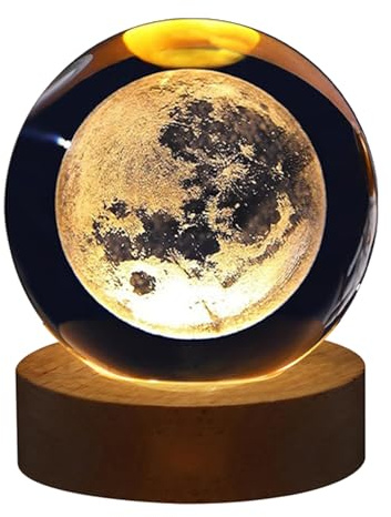 Bolas de Cristal Luz Nocturna Sistema Solar/Saturno/Luna/Galaxia Bolas de Cristal Lámpara Nocturna con Base de Madera Luz de Esfera de Cristal Grabada para Regalos de Decoración del Hogar(Luna)