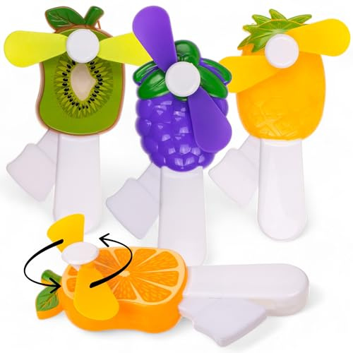 MIJOMA Set di 4 ventole a mano a forma di frutta, 7 x 13,5 cm, ventilatore senza corrente da viaggio, arancione, uva, ananas, kiwi