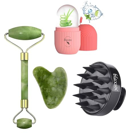 BLAXSTOC - Masajeador facial con rodillo de jade y herramienta Gua Sha, piedra natural del Himalaya para la cara y el cuello, curación de la piel, arrugas y aplicación de suero, masajeador para el