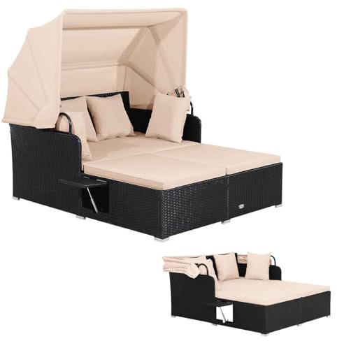 LIFEZEAL Salotto da Giardino Esterno, in Rattan PE, Divanetto per 2 Persone, Trasformabile in Letto Matrimoniale, con Ombreggiatura del tettuccio, Tavolino da Caffè e 4 Cuscini, 165x153x138cm (beige)