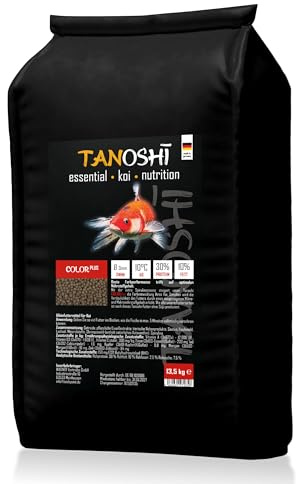 Tanoshi Koifutter - Color Plus - 3mm 13,5 kg | Schwimmendes Hauptfutter für Intensive Farbentwicklung Dank Spirulina mit natürlichem Astaxanthin | ab 10°C
