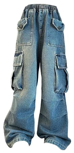 Pantalon Cargo Baggy pour Filles Jeans Streetwear Élastique à Taille Haute et à Jambes Larges Denim Pantalon Large Design avec Poches (Blue, 9-10 Years)