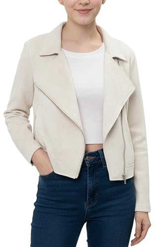 Noomelfish Girls Faux Suede Leather Jackets Kids Motorcycle Bomber Coats Fall Outfits Winter Clothes, Beige White, Size 7-8 Years