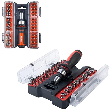 KOMBO - Kit profesional de 36 piezas – Destornillador de carraca con llaves y puntas – Kit de atornillado y apriete universal con maletín