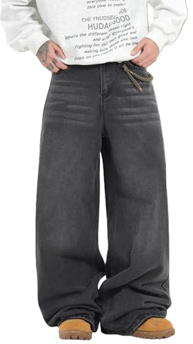 QGRSWBC Men's Baggy Jeans Loose Fit Denim Pants Mid Waist Trousers Wide Leg Skater Jeans Y2K Streetwear Black Grey XXL