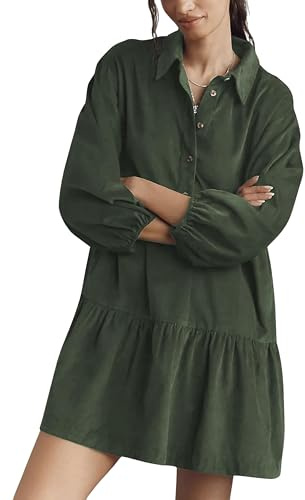 Hoonjie Womens Mini Shirt Corduroy Dress Lantern Sleeve Turndown Collar Button Up Babydoll Dress with Pockets(DarkGreen-M)