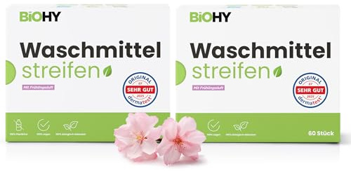 BiOHY Laundry Detergent Sheets with Spring Fragrance (2 x 60 Pieces) | Sustainable Universal Travel Detergent Without Plastic | 100% Biodegradable Washing Paper | Water Soluble Detergent Strips
