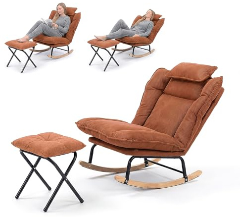 Fabulcozy Fauteuil à Bascule Réglable 3 Positions (90-120°), en Velours Côtelé avec Repose-Pieds Pliable et Coussin, Structure Métal et Pieds Bois d'Hévéa, pour Salon, Chambre,Allaitement,Orange
