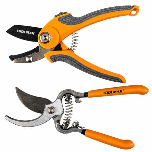TOOLMAK Set 2 Pezzi Forbici da Potatura, Cesoie Bypass da Giardino con Lame Affilate, Impugnatura Antiscivolo, Forbici Giardinaggio Manuali per Rami, Piante, Fiori, Arbusti TMK19924+TMK19502